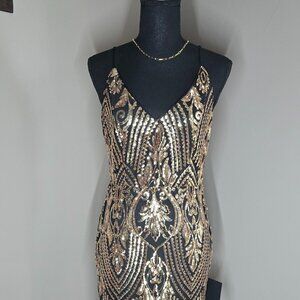 Lulus Truly Alluring Black and Gold Sequin Mermaid Maxi Dress (L)
